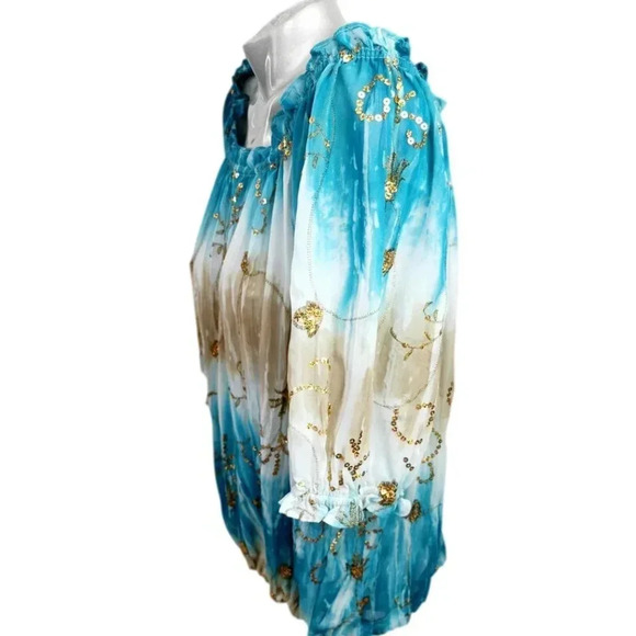 Nygard Off Shoulder  Blouse Sz 16 Blue White Gold Peasant Glamour - Picture 4 of 6